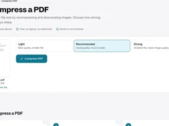 PDFkind Compress a PDF tool showing an uploaded agreement PDF and Light, Recommended, and Strong compression options.