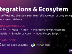 pdfRest Integrations & Ecosystems: Integrates with Zapier, Make, n8n, Power Automate, Bubble, Google Apps Script, and Salesforce Apex, plus GitHub samples in six languages and a Python SDK on PyPI for developers building direct.