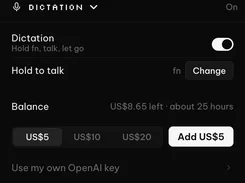 Dark-mode PeakFlow AI Dictation settings screen showing dictation enabled, a hold-to-talk shortcut set to fn, an account balance of US$8.65, purchase amount options, and an option to use an OpenAI key.