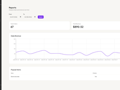 Sales analytics and reporting dashboard, revenue and popular items over time