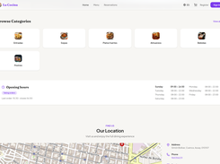 Storefront menu categories, hours and location