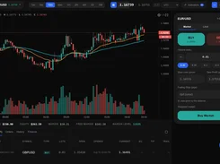 Dark trading-platform interface showing a EUR/USD candlestick chart, order controls for buy and sell, chart indicators, balances, and an open GBPUSD position.