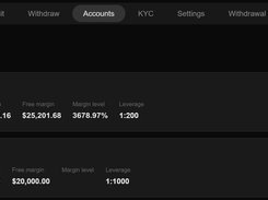 Trading accounts page with wallet, finance, deposit, withdrawal, accounts, KYC, settings, and withdrawal-method navigation, plus standard and demo account balances and leverage.
