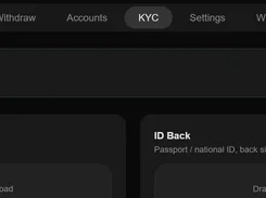 KYC page showing an approved identity-verification status and empty upload areas for the front and back of a passport or national ID.