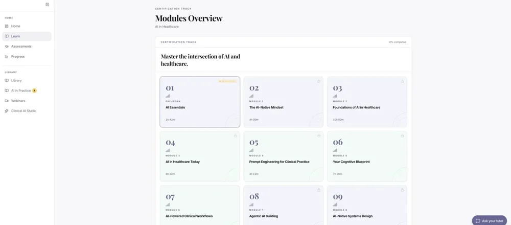 Learning-platform Modules Overview page showing a grid of AI in Healthcare course modules and left-side navigation.
