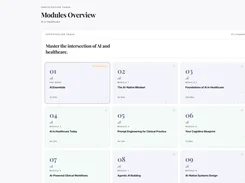 Learning-platform Modules Overview page showing a grid of AI in Healthcare course modules and left-side navigation.