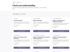 Learning-platform Assessments page with cards for AI healthcare module assessments, passing thresholds, durations, and Start Assessment buttons.