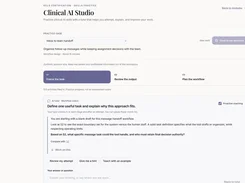 Clinical AI Studio practice screen with a selected inbox-to-team-handoff case, workflow stages, AI tutor guidance, and response controls.