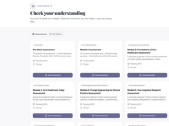 Perceptors Assessments page with AI healthcare module assessment cards, passing thresholds, durations, and Start Assessment controls.