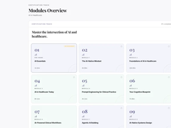 Perceptors Modules overview showing a grid of AI in Healthcare course modules with left-side course navigation.