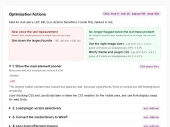 Optimization Actions page listing prioritized performance recommendations and estimated savings.