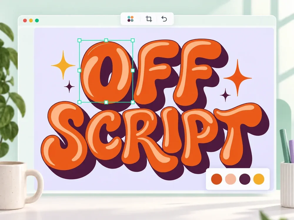 A stylized design-editor window displays orange bubble lettering reading “OFF SCRIPT,” with a selected letter, editing controls, and a color palette.