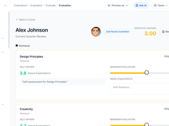 Manager evaluation view with weighted scoring and side-by-side self-review comparison per competency