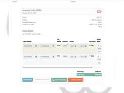 Invoices generated straight from the bookings, seen here in the live demo at trypetsit.com.