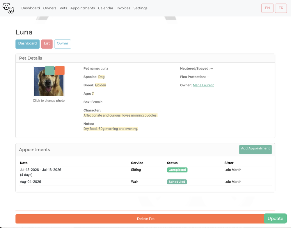 One pet's record: care notes, meds, vet, photos, all in one place.