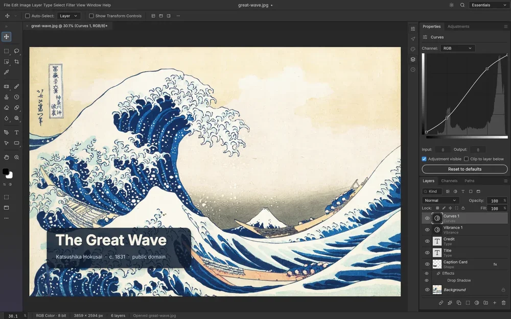 A dark photo-editing interface shows Hokusai's Great Wave, a Curves adjustment graph, and a layers panel with title and credit layers.