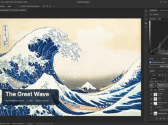 A dark photo-editing interface shows Hokusai's Great Wave, a Curves adjustment graph, and a layers panel with title and credit layers.