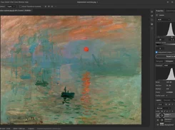 A dark photo-editing workspace displays an impressionist harbor painting with Levels controls and a histogram panel.