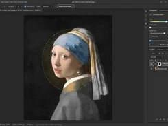 A photo-editing interface displays the painting Girl with a Pearl Earring with a circular selection and Hue/Saturation controls.