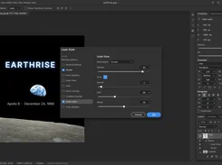 A photo-editing workspace shows an Earthrise composition and an open Layer Style dialog with Outer Glow settings.
