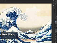 A dark photo-editing interface displays Hokusai's Great Wave with a Curves adjustment panel, layer list, and an overlaid title card.