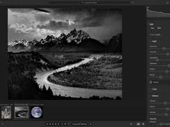 A photo library and editor displays a black-and-white mountain-and-river photograph with light and effects adjustment sliders.
