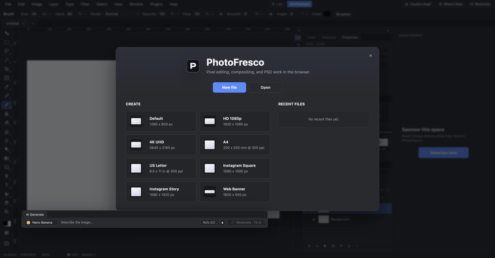 PhotoFresco welcome dialog with the product name, New file and Open buttons, and presets including HD 1080p, 4K UHD, A4, and social-media sizes.