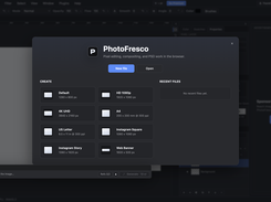 PhotoFresco welcome dialog with the product name, New file and Open buttons, and presets including HD 1080p, 4K UHD, A4, and social-media sizes.