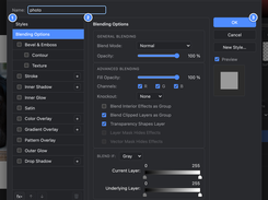 PhotoFresco Layer Style dialog with blending options, effect checkboxes, opacity controls, color channels, and Blend If sliders.