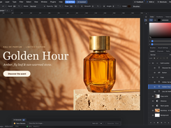 PhotoFresco image editor displaying a perfume campaign composition with toolbars, color controls, an AI Generate panel, and a layers panel.