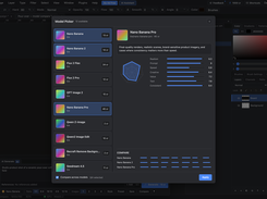 PhotoFresco editor with a Model Picker dialog listing AI image models, model credit costs, descriptive text, comparison bars, and an Apply button.