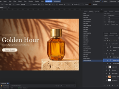PhotoFresco editor showing a perfume campaign canvas, selected text layer, Actions and History panels, and the Layers panel.