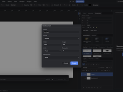 PhotoFresco editor with a New Document dialog containing name, preset, dimensions, units, resolution, background, and Create controls.