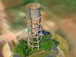 Detailed textured 3D water-tower reconstruction with four colored location markers.