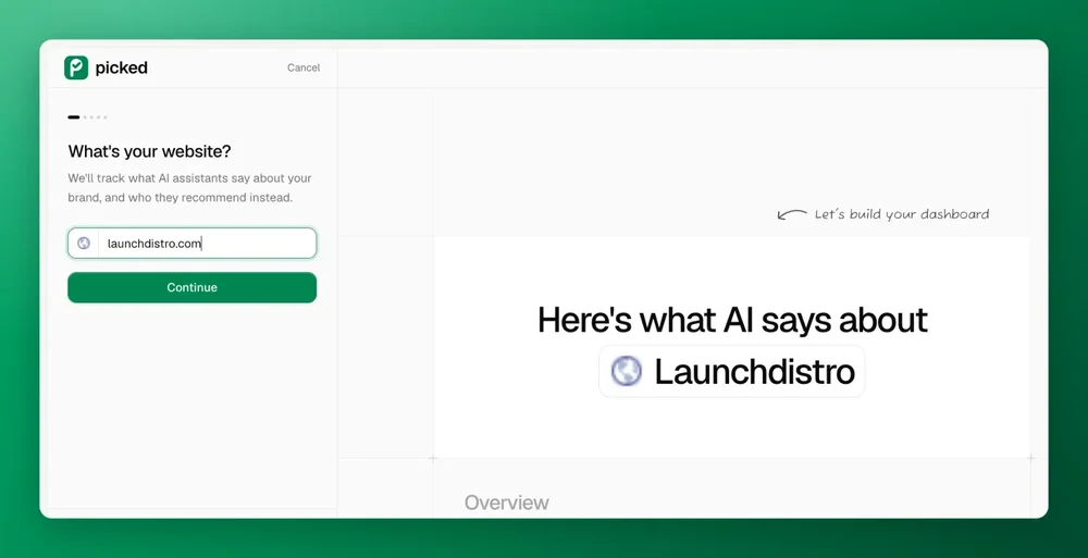 Picked onboarding screen asking for a website to track, with launchdistro.com entered and a dashboard preview area.