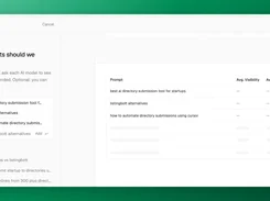 Picked onboarding screen for selecting prompts to track, with a prompt list, suggestions, and a preview table for visibility and position.