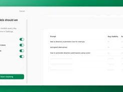 Picked onboarding screen for selecting AI models, with toggles for ChatGPT, Google AI Overviews, Google AI Mode, Gemini, Perplexity, and Claude.