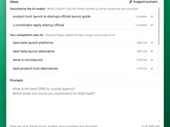 Ideas panel listing AI-model searches and competitor keyword opportunities, with a prompt-entry text area.
