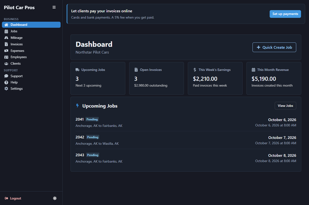 Pilot Car Pros dashboard in a dark interface showing upcoming jobs, open invoices, weekly earnings, monthly revenue, and a list of three pending jobs.