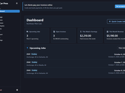 Pilot Car Pros dashboard in a dark interface showing upcoming jobs, open invoices, weekly earnings, monthly revenue, and a list of three pending jobs.