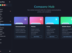 Pilot Car Pros Company Hub page with cards for Announcements, Policies, Forms, and Bulletin Board.
