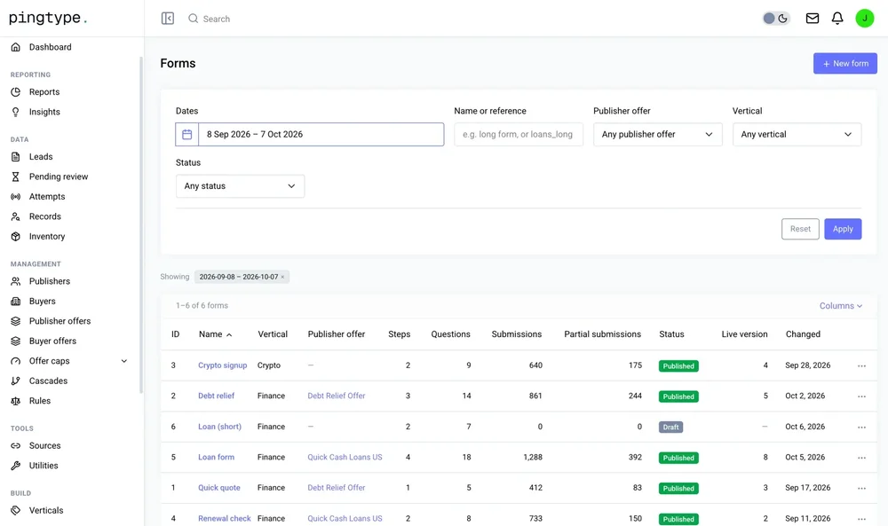 Pingtype Forms page with date and status filters and a table of forms showing verticals, offers, steps, questions, submissions, and publication status.
