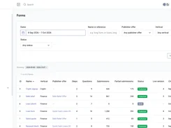 Pingtype Forms page with date and status filters and a table of forms showing verticals, offers, steps, questions, submissions, and publication status.