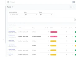 Pingtype Rules page listing lead rule sets, conditions, scope, usage, enforcement mode, versions, and status.