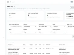 Pingtype Offer caps page with cap summary cards, filters, and a table showing lead and revenue limits, schedules, overcap actions, and status.
