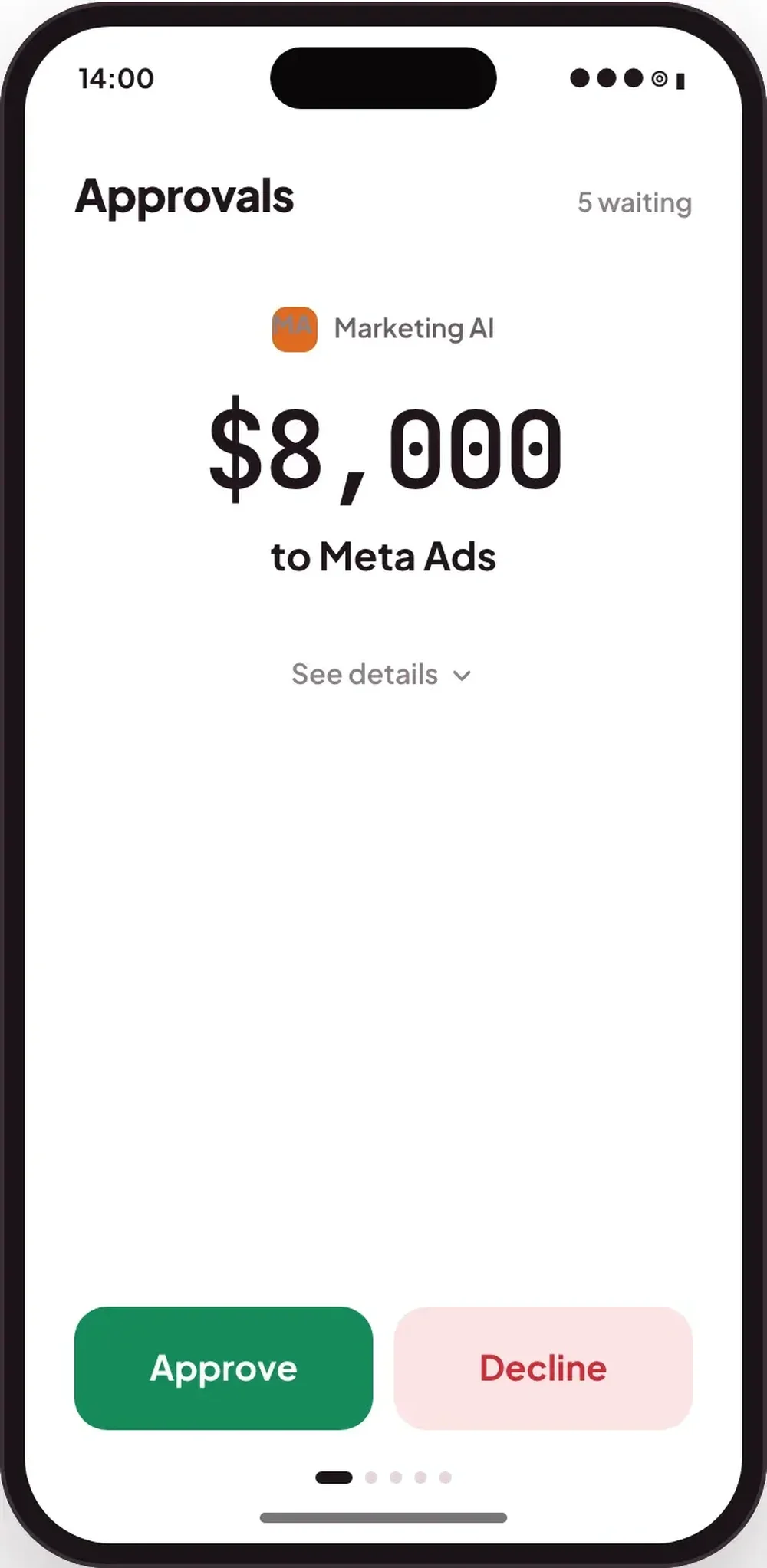 Mobile approval screen for a Marketing AI request of $8,000 to Meta Ads, with Approve and Decline buttons.
