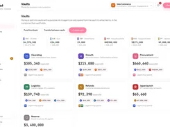 Pinkwallet Vaults page showing currency balances and purpose-based vault cards for operating, growth, procurement, logistics, refunds, and launch.