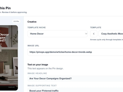 AI Designer: review and edit an example Pin design, headline and template before approval. Demo content shown.