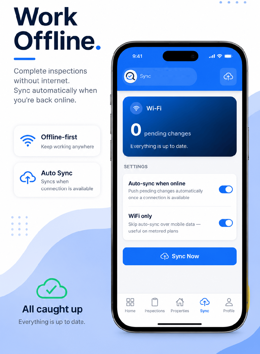 PiqSi mobile Sync screen showing Wi-Fi status, zero pending changes, auto-sync settings, and a Sync Now button.