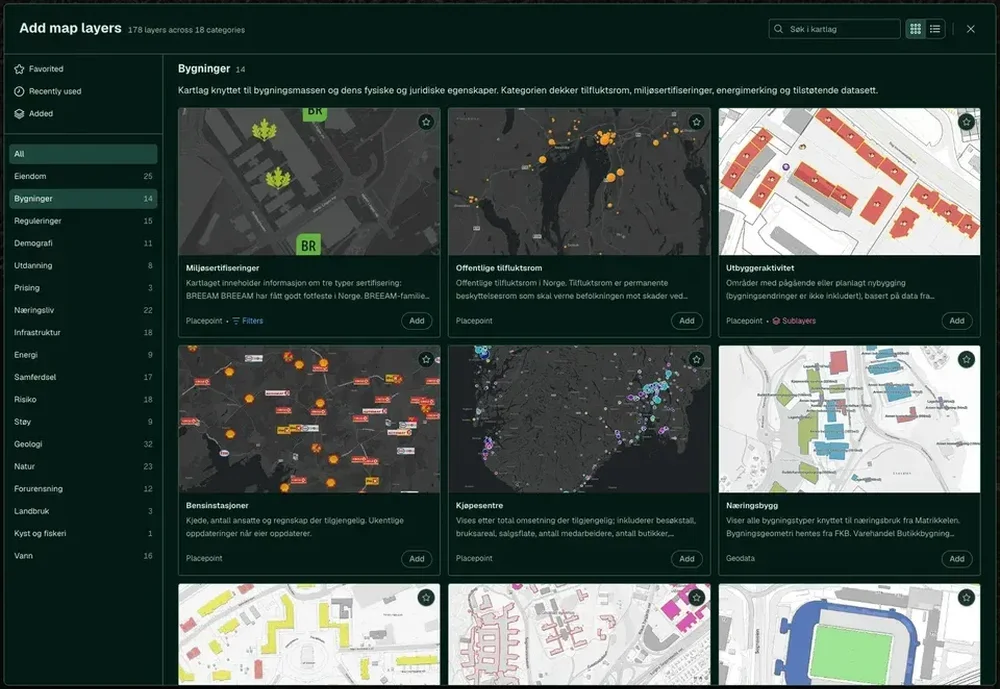 Placepoint's dark map-layer catalog shows category filters and cards for building, environmental, traffic, company, and business map layers.